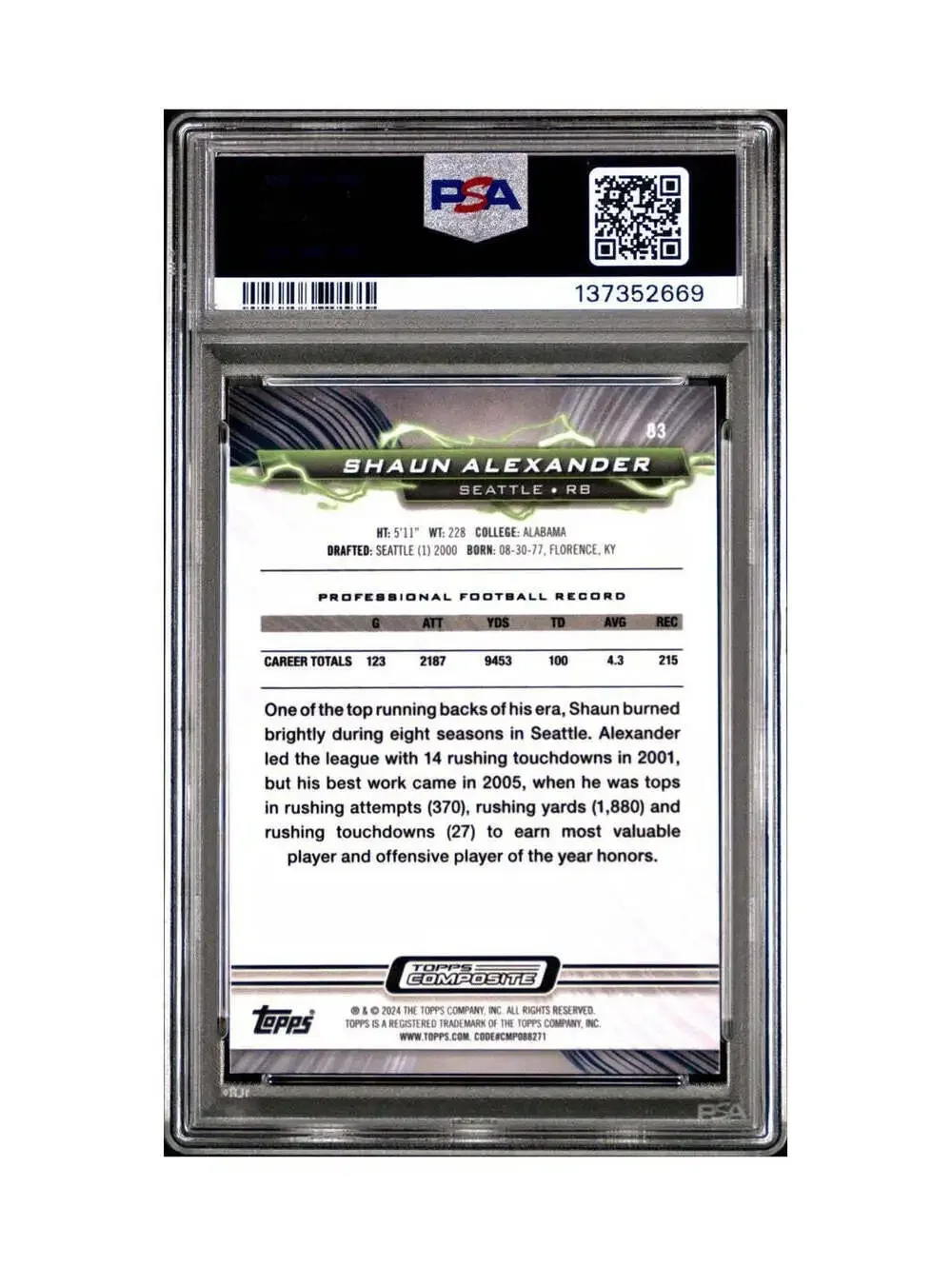 Shaun Alexander 2023 Topps Resurgence 071/200 #83 Yellow Surge PSA 9 Mint